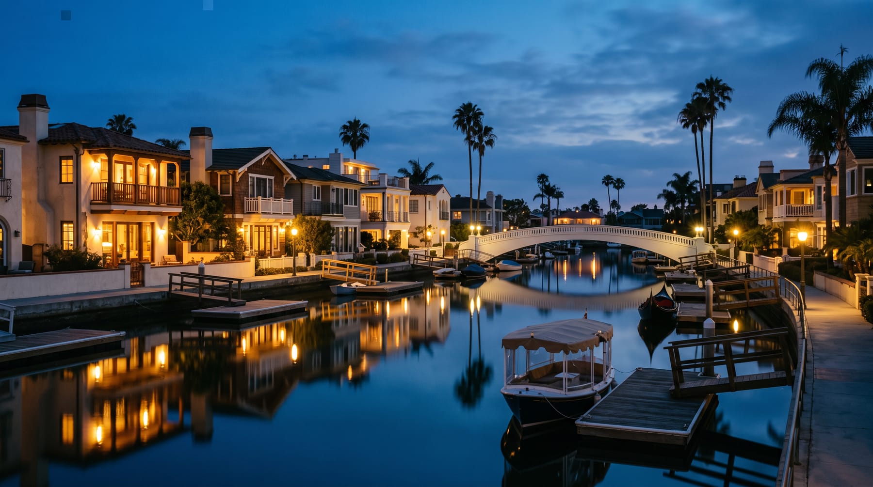 Waterfront homes on the Naples canals in Long Beach at twilight